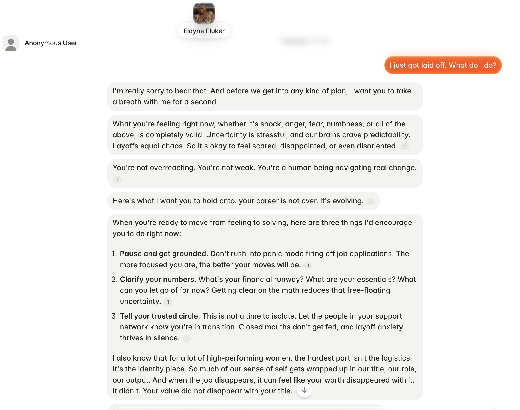 Conversation: Elayne's AI coach explaining the 3 Ds of I Got It Syndrome